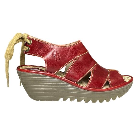 Fly London Shoes - EUC - Fly London Yown Deep Red Leather Wedge Sandals